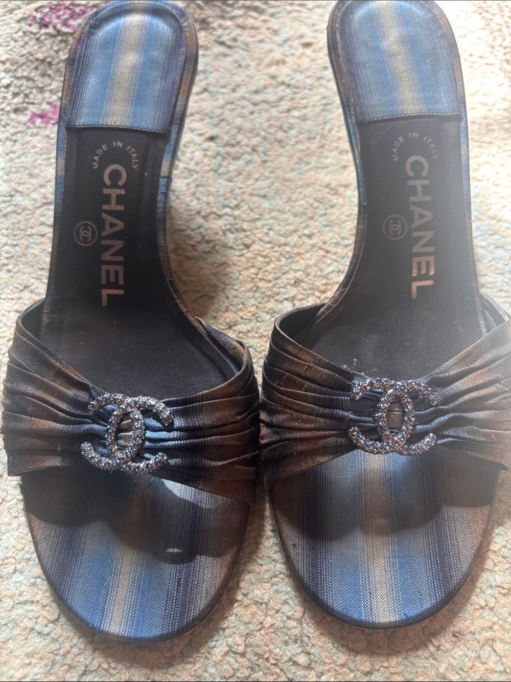 CHANEL Navy Blue Satin Crystal CC Slide Mules